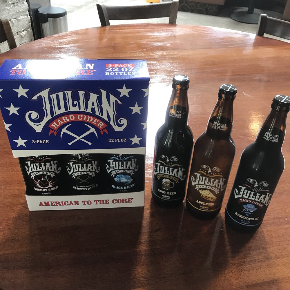 Julian Hard Cider - 3pk, cheery bomb, black & blue and harvest apple. Root beer, razzberry and apple pie - Beer, Wine & Spirits Near Me - Julian, California Julian Hard Cider - 3pk, cheery bomb, black & blue and harvest apple. Root beer, razzberry and apple pie - Beer, Wine & Spirits Near Me - Julian, California