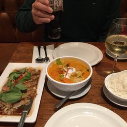 Red curry with tofu and veg and my bf ordered the house special duck dinner. Red curry with tofu and veg and my bf ordered the house special duck dinner.