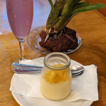 Moon & Turtle - Toasted Coconut Pot De Creme with Pineapple and a Kalakaua drink - Seafood Near Me - Hilo, Hawaii Moon & Turtle - Toasted Coconut Pot De Creme with Pineapple and a Kalakaua drink - Seafood Near Me - Hilo, Hawaii