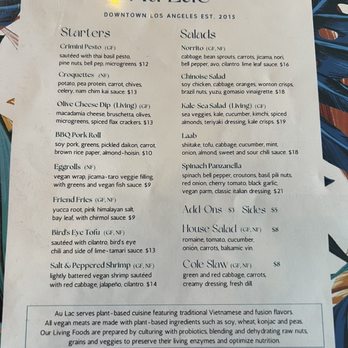 Au Lac - Menu - Vegan Near Me - Los Angeles, California