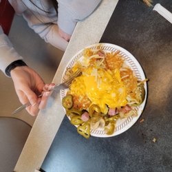 Hash browns and meat and jalapeños