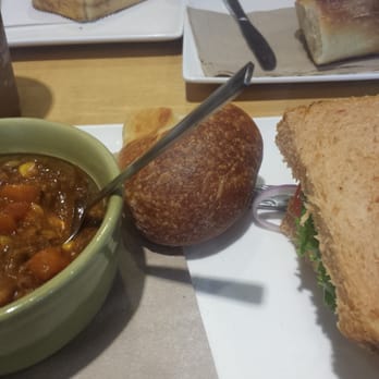 Panera Bread - Half and half order. Hot fresh soup bowl and a half sandwich filled with deliciously crisp veggiesm - Sandwiches Near Me - Concord, California