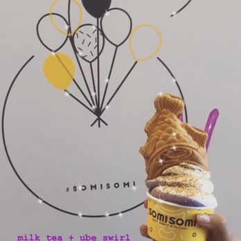Somisomi - milk tea + taro (ube) soft serve topped with graham crackers & a red-bean filled taiyaki - Ice Cream & Frozen Yogurt Near Me - Pleasanton, California Somisomi - milk tea + taro (ube) soft serve topped with graham crackers & a red-bean filled taiyaki - Ice Cream & Frozen Yogurt Near Me - Pleasanton, California