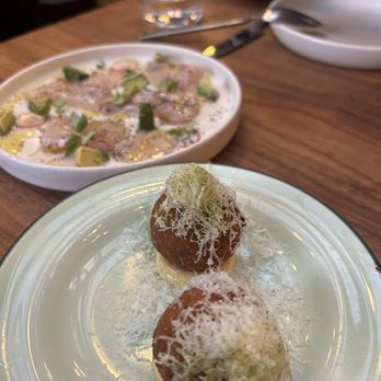 Penny Roma - Halibut crudo and fava leaf arancini - Italian Near Me - San Francisco, California Penny Roma - Halibut crudo and fava leaf arancini - Italian Near Me - San Francisco, California