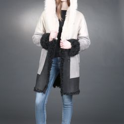Day Furs & Luxury Outerwear - Shearling (reversible) color block, by HiSO. With fur trim. Hooded. Jacket / stroller length at thigh coat. F/W 17'/18'