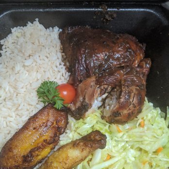 Da Reggae Cafe - Jerk chicken and white rice with plantain and cabbage - Caribbean Near Me - Greensboro, North Carolina