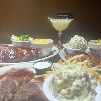 Bobby Q - Mesa - Baby back ribs, rib tips and pulled pork with broccoli, Mac and cheese, shoe string fries and potato salad - New American Near Me - Mesa, Arizona Bobby Q - Mesa - Baby back ribs, rib tips and pulled pork with broccoli, Mac and cheese, shoe string fries and potato salad - New American Near Me - Mesa, Arizona