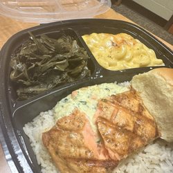 Triple J’s Cafe - Stuffed Salmon Mac N Cheese Collard Greens