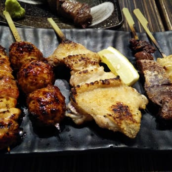 Izakaya Ju - Yakitori Combo Chef Choice L to R (All Chicken):  Thigh, Chicken Ball, Wing, Liver, Tail. - Japanese Near Me - Markham, Ontario