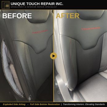 Unique Touch Repair - Jeep Trailhawk side airbag deployment repair. We restored the torn seat bolster and upholstery to a factory-like finish. - Auto Upholstery Near Me - Coquitlam, British Columbia Unique Touch Repair - Jeep Trailhawk side airbag deployment repair. We restored the torn seat bolster and upholstery to a factory-like finish. - Auto Upholstery Near Me - Coquitlam, British Columbia