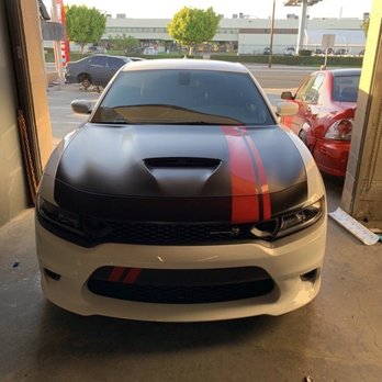 Impeccable Motorsports - Satin black hood with red dragon Stripes - Vehicle Wraps Near Me - Hawthorne, California