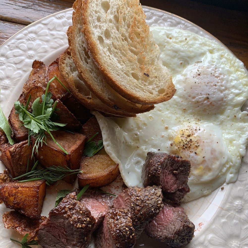 The Vern - Steak and eggs: Prime flat iron steak, eggs, fried potatoes and toast - Dive Bars Near Me - Portland, Oregon