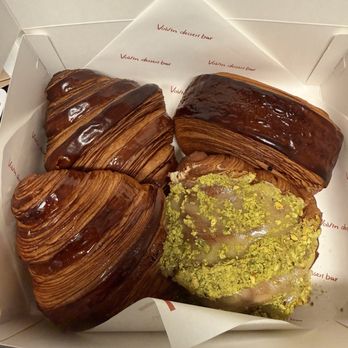 Vavin Dessert Bar - T45 top left, honey sea salt bottom left, pain au chocolat top right, twice baked pistachio lower right - Bakeries Near Me - Honolulu, Hawaii Vavin Dessert Bar - T45 top left, honey sea salt bottom left, pain au chocolat top right, twice baked pistachio lower right - Bakeries Near Me - Honolulu, Hawaii