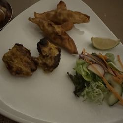 Basmati - Samosas and chicken kebab. Chicken was super tender very well seasoned.