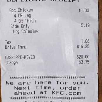 KFC - Receipt - Fast Food Near Me - Sarasota, Florida