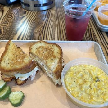 Jacks Feed Store And Bar-B-Q - Tex Rubenstein sandwich with turkey, jalapeño creamed corn side, blueberry moonshine - Barbeque Near Me - Alpharetta, Georgia
