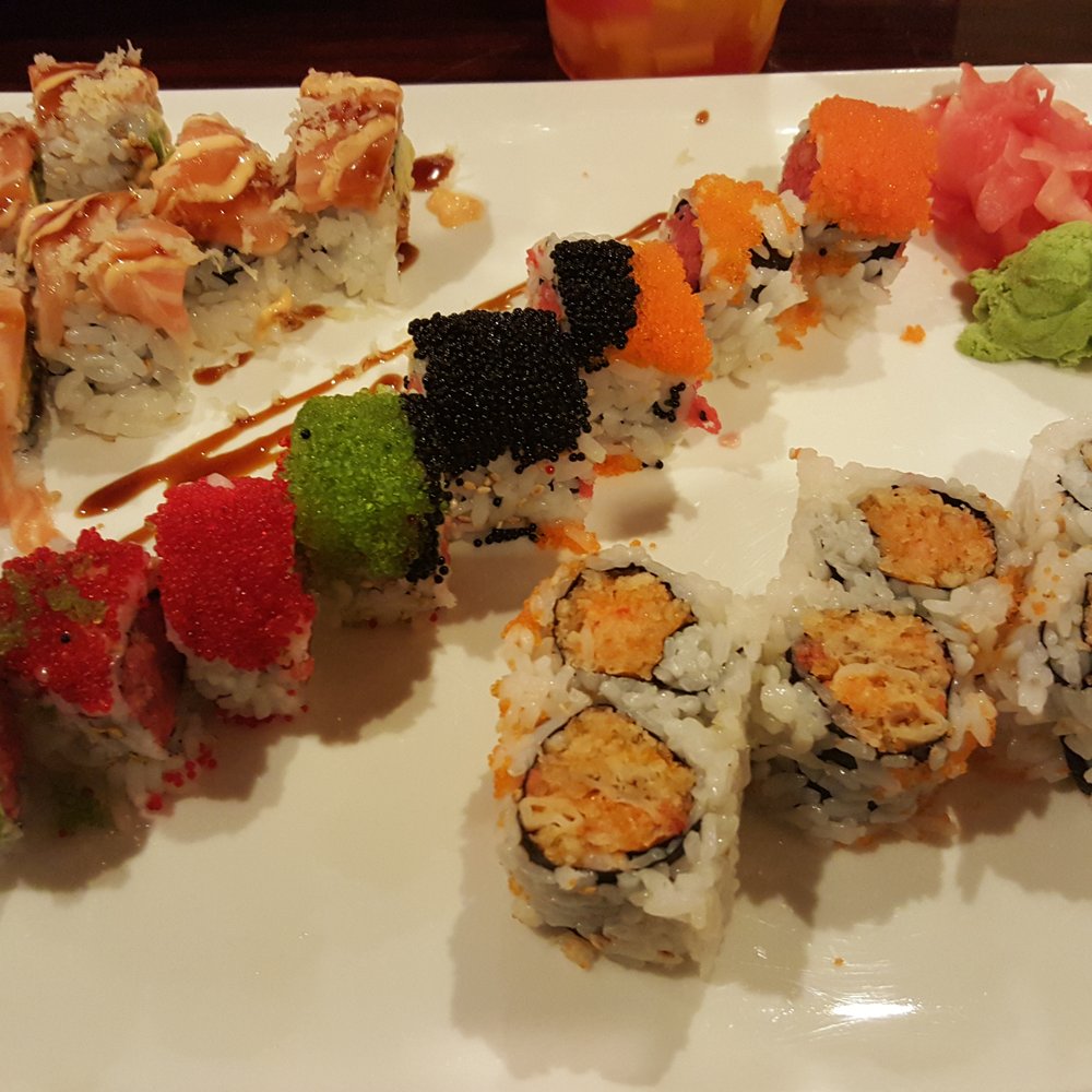 Omiya Sushi - Left to Right: Samurai Roll, Rainbow Caviar Roll, Spicy Cook Scallop Roll - Japanese Near Me - Brooklyn, New York