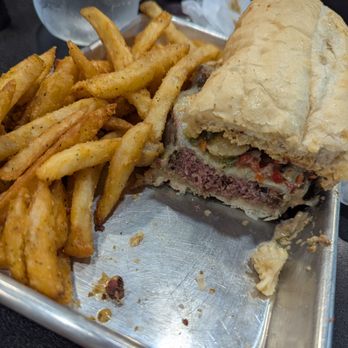The Stellar Hog - Frankie V sandwich with french fries. - Beer Gardens Near Me - Saint Louis, Missouri