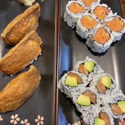 Inari sushi; Salmon Avocado Roll, Spicy Tuna Roll Inari sushi; Salmon Avocado Roll, Spicy Tuna Roll
