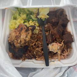Mum's - Jerk chicken, brown stew beef, cabbage, rice and peas