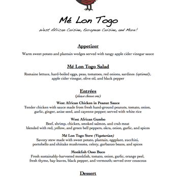 Me Lon Togo - Sample Menu - African Near Me - Rockland, Maine Me Lon Togo - Sample Menu - African Near Me - Rockland, Maine