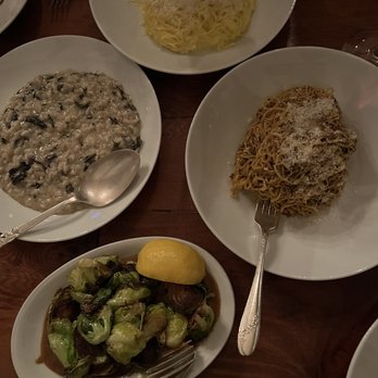 Cascina Spinasse - top: butter sage pasta, right: beef and pork ragu, bottom: brussel sprouts, left: mushroom risotto - Italian Near Me - Seattle, Washington