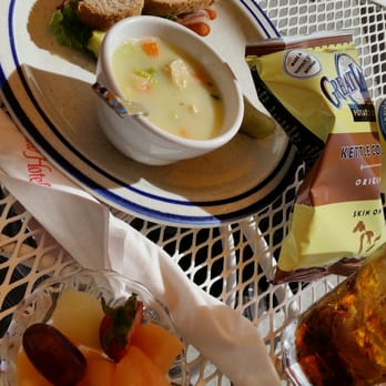 Tea Room - Chicken and dumpling soup w half daily sandwich special (ham and swiss), comes with fruit and chips. - Tea Rooms Near Me - Mackinac Island, Michigan Tea Room - Chicken and dumpling soup w half daily sandwich special (ham and swiss), comes with fruit and chips. - Tea Rooms Near Me - Mackinac Island, Michigan