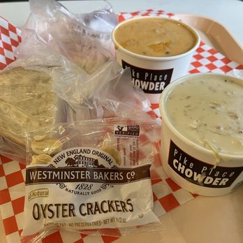 Pike Place Chowder - Smoked salmon and traditional clam chowder. - Seafood Near Me - Seattle, Washington Pike Place Chowder - Smoked salmon and traditional clam chowder. - Seafood Near Me - Seattle, Washington