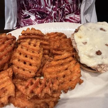 Brooks Grill and Tavern - Turkey burger in a gluten free bun with Swiss and sweet potato fries - Burgers Near Me - Naples, Florida Brooks Grill and Tavern - Turkey burger in a gluten free bun with Swiss and sweet potato fries - Burgers Near Me - Naples, Florida