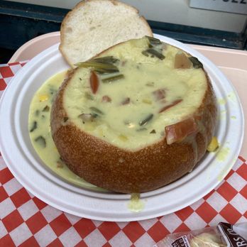 Pike Place Chowder - Lime & Coconut Chowder in a sourdough bread bowl - Seafood Near Me - Seattle, Washington