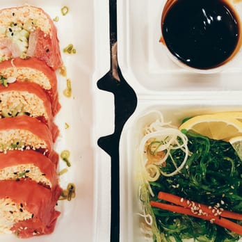 Hooked On Sushi - my take-out protein roll! simple, but so good! i subbed yellowtail for salmon + side of eel sauce + seaweed salad. - Japanese Near Me - Encinitas, California