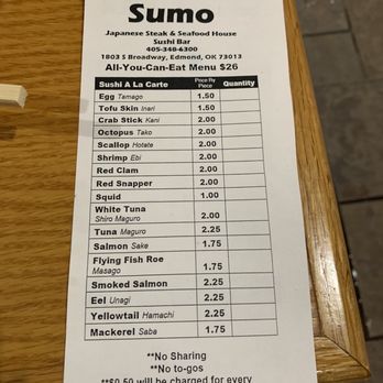 Sumo Japanese Steak House - Front of all you can eat. Had to ask for the menu - Japanese Near Me - Edmond, Oklahoma