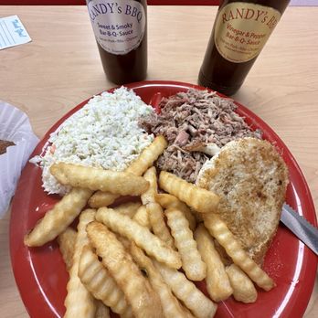 Randy’s Barbecue - Grilled chicken and pulled pork combo plate with fries and Cole slaw. - Barbeque Near Me - Statesville, North Carolina