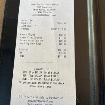 Sweet Maple - Bill for reference - Breakfast & Brunch Near Me - Santa Monica, California