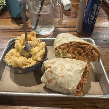 Texas Jack's Barbecue - Barbecue Burrito (pulled chicken), side Mac and Cheese - Barbeque Near Me - Arlington, Virginia