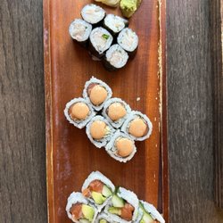 Takumi Sushi & Bar - Yellowtail scallion Roll, Spicy Crunch Salmon Roll, salmon Avocado & Cucumber Roll