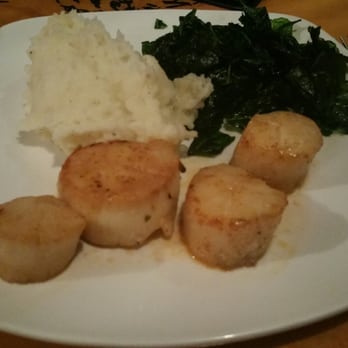 Islands Fish Grill - Scallops with mash potatoes and fried spinach. - Seafood Near Me - Indialantic, Florida