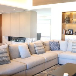 Modern family room, custom sofa for 10, custom minimal fireplace design