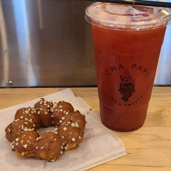 Cha Papi - Nutella Almond Mochi donut and Iced Strawberry Jasmine tea. - Donuts Near Me - West Hartford, Connecticut Cha Papi - Nutella Almond Mochi donut and Iced Strawberry Jasmine tea. - Donuts Near Me - West Hartford, Connecticut