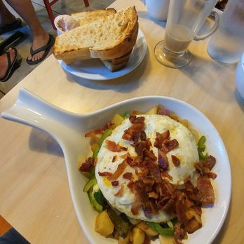 Two Chicks - Red Skillet- sweet potatoes, egg, bacon and jalepeno. Plus sourdough toast with a strawberry butter. - Breakfast & Brunch Near Me - Reno, Nevada Two Chicks - Red Skillet- sweet potatoes, egg, bacon and jalepeno. Plus sourdough toast with a strawberry butter. - Breakfast & Brunch Near Me - Reno, Nevada