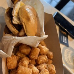 Tower Taproom - The Hangover Burger with bacon and fried egg and side of tator tots was great