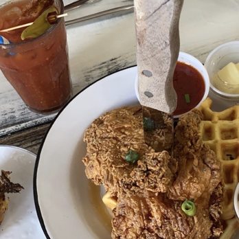 The Rooster - Buttermilk Fried Chicken and Waffles Bloody Mary Side of Hashbrown "Biscuit" - American Near Me - Naples, Florida The Rooster - Buttermilk Fried Chicken and Waffles Bloody Mary Side of Hashbrown "Biscuit" - American Near Me - Naples, Florida