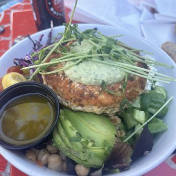 Bee Organic - Buddha Bowl with Salmon Burger Patty - Juice Bars & Smoothies Near Me - Great Neck, New York