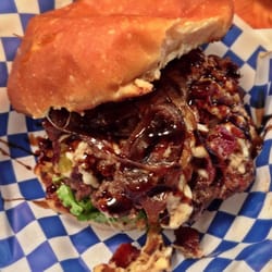 Rustic On the Green - "Divine Intervention"-Hand Pressed Patty +Blue Cheese&Caramelized Onions +Romaine/Tomato +Balsamic Reduction ADD Bacon =AMAZING!