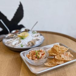 Ostro - Salmon Ceviche w/ soy, ginger, sesame, scallion ($12) & Kusshie Oysters w/ cocktail sauce, champagne mignonette (6 pc - $22)