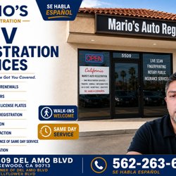 Mario's Auto Registration - No appointment required. Fast friendly service. License plates and stickers are issued the same day.
562-263-6159