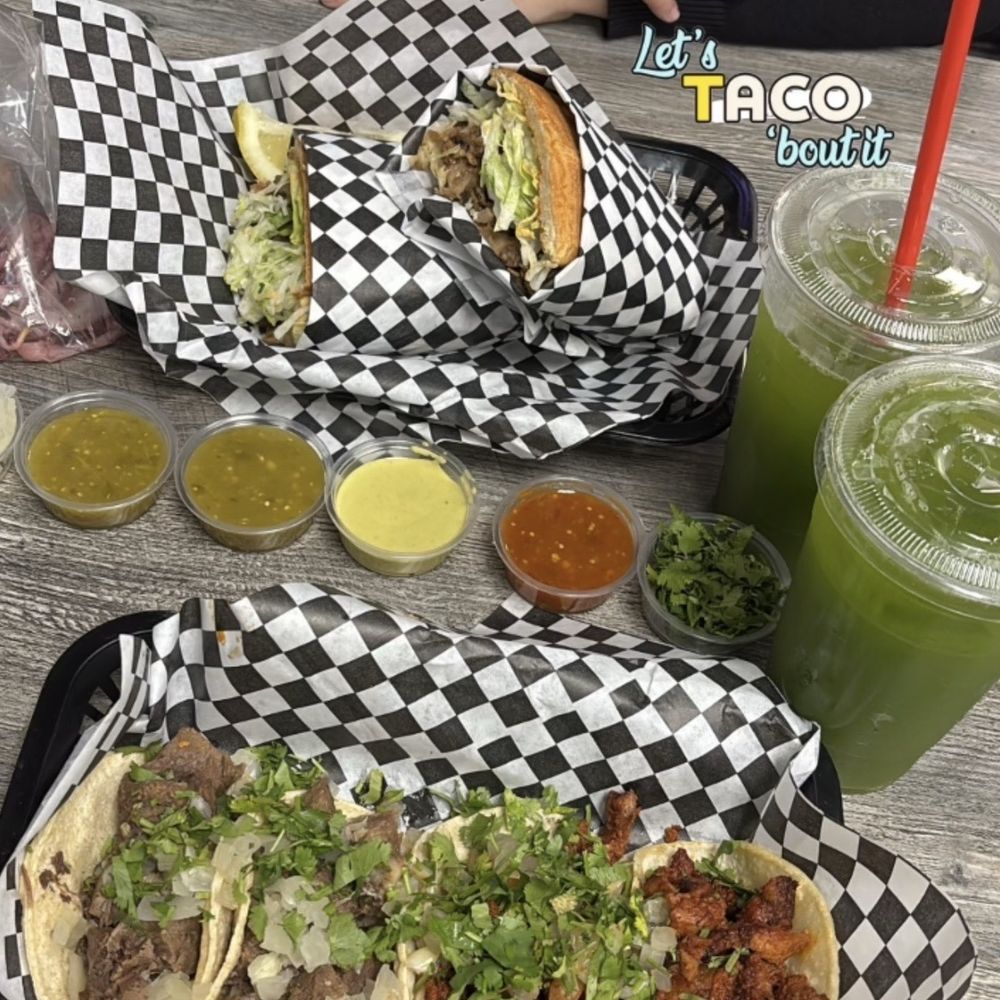 Tortas, Lengua & Al Pastor Tacos with pineapple spinach agua frescas