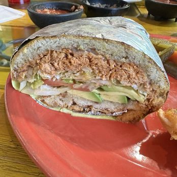Taqueria Charro Viejo - Torta with shredded chicken. The bread is delicious. - Mexican Near Me - Grants Pass, Oregon