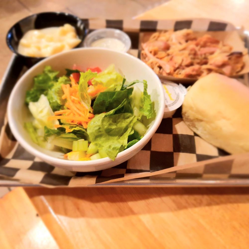 Carroll's Barbeque - Pulled chicken platter with mac & cheese and house salad - Barbeque Near Me - Blue Ridge, Georgia Carroll's Barbeque - Pulled chicken platter with mac & cheese and house salad - Barbeque Near Me - Blue Ridge, Georgia