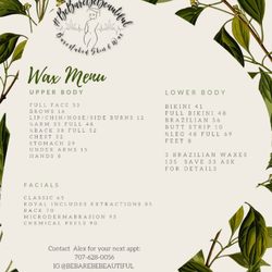 Bebarebebeautiful BareNaked Skin and Wax - Up to date menu